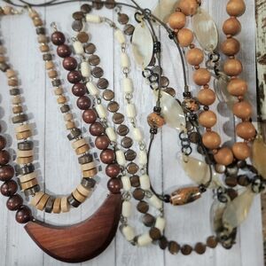 7 Piece Boho Necklace Lot, Natural Colors Woods Stone, Clay EUC Vintage